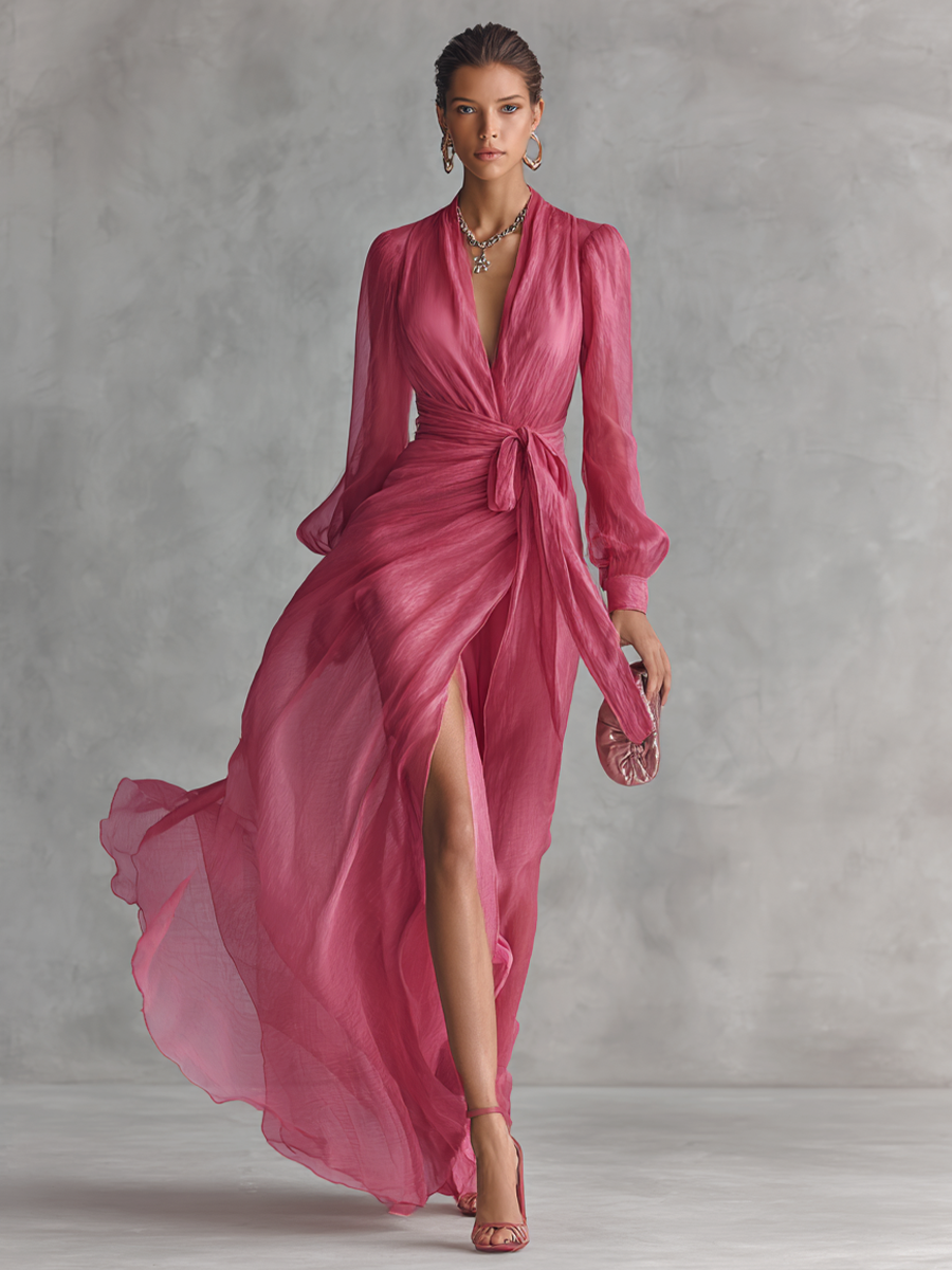 Vestido de Chiffon Rosa con Escote en V