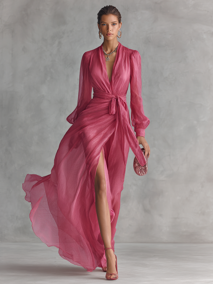 Vestido de Chiffon Rosa con Escote en V