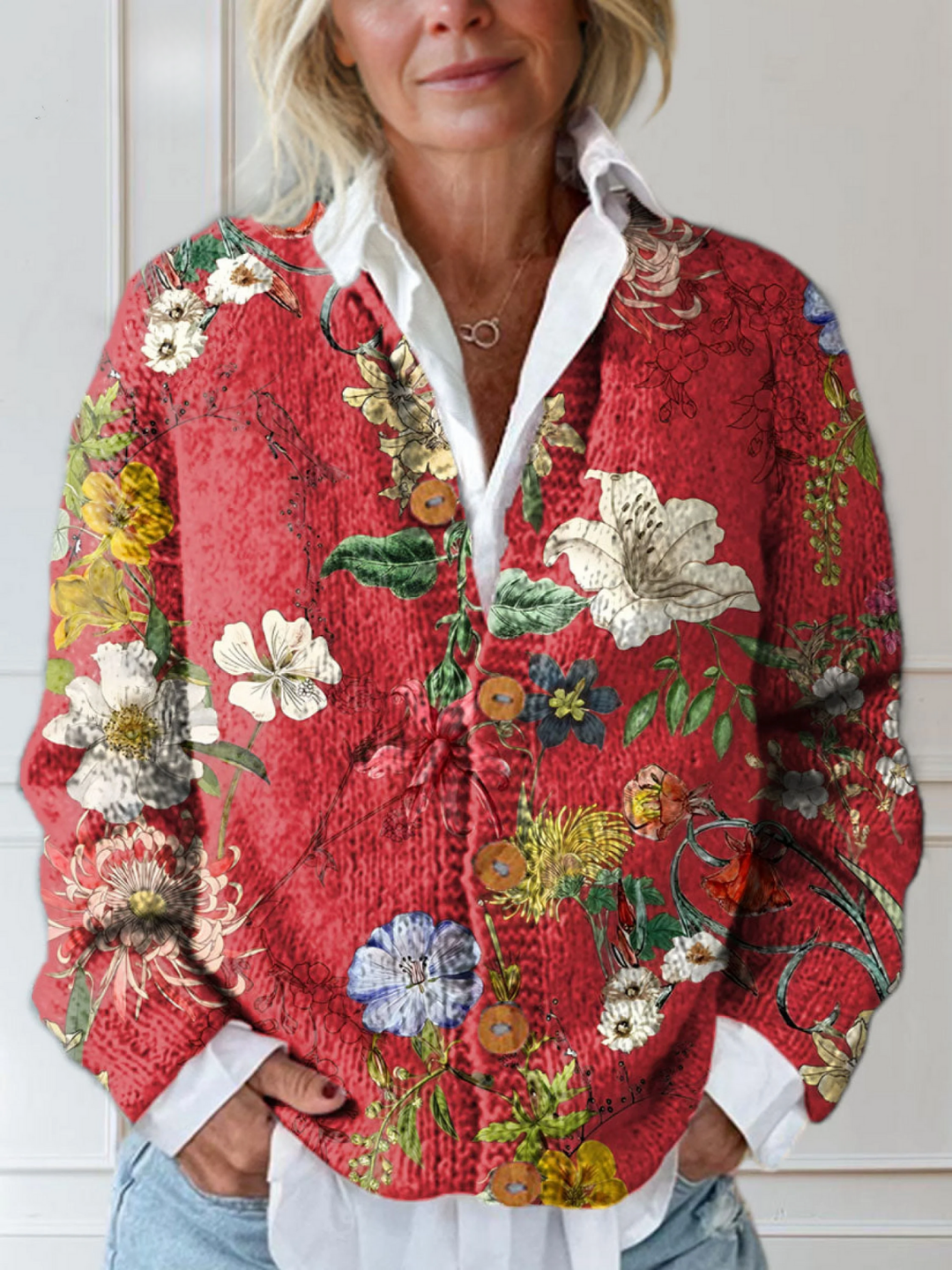 Cárdigan Vintage con Estampado Floral Abotonado