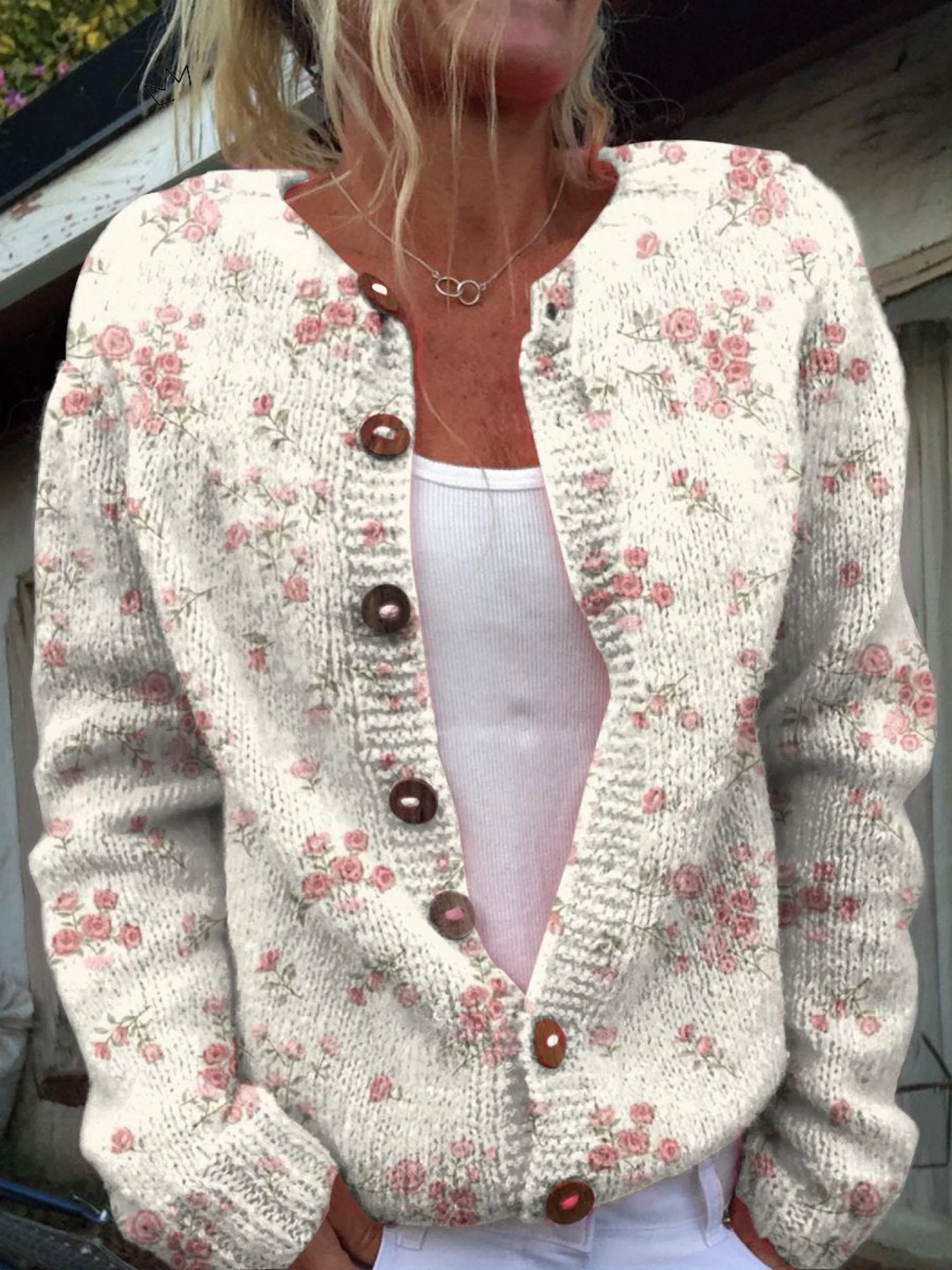 Cárdigan Abotonado con Estampado de Rosas Rosa Claro