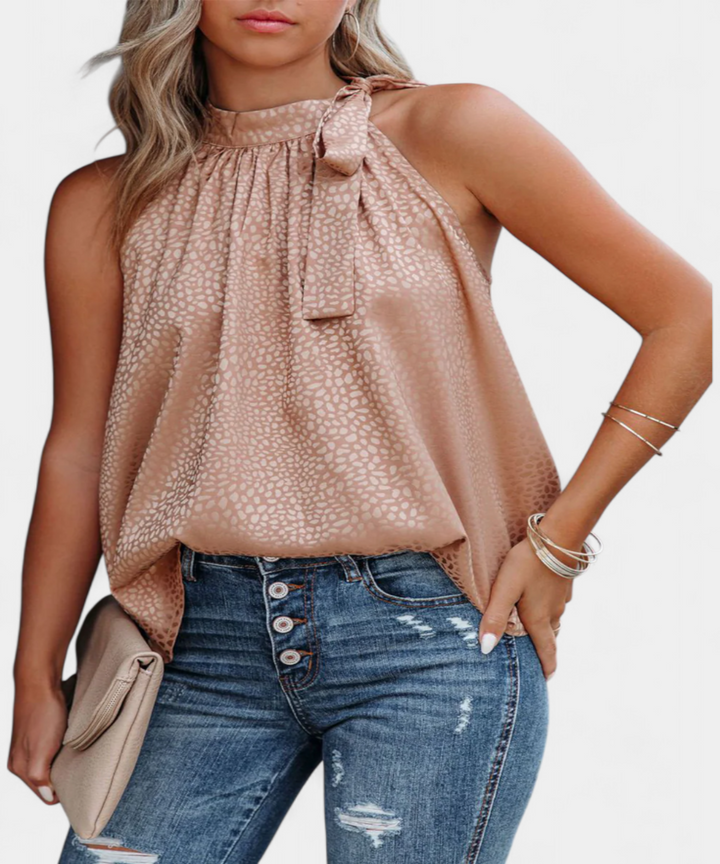Adela Top sin Mangas de Leopardo con Cuello Alto y Lazo