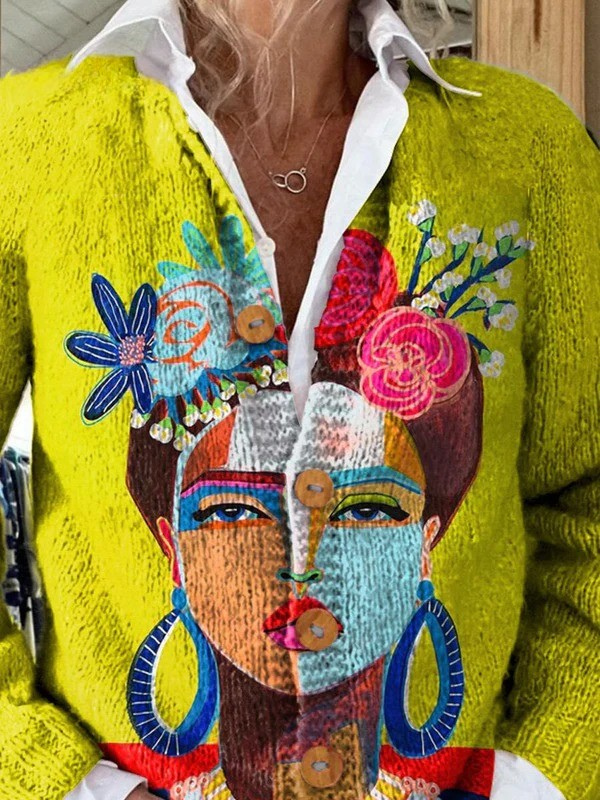 Cárdigan Abotonado de Punto con Retrato Artístico