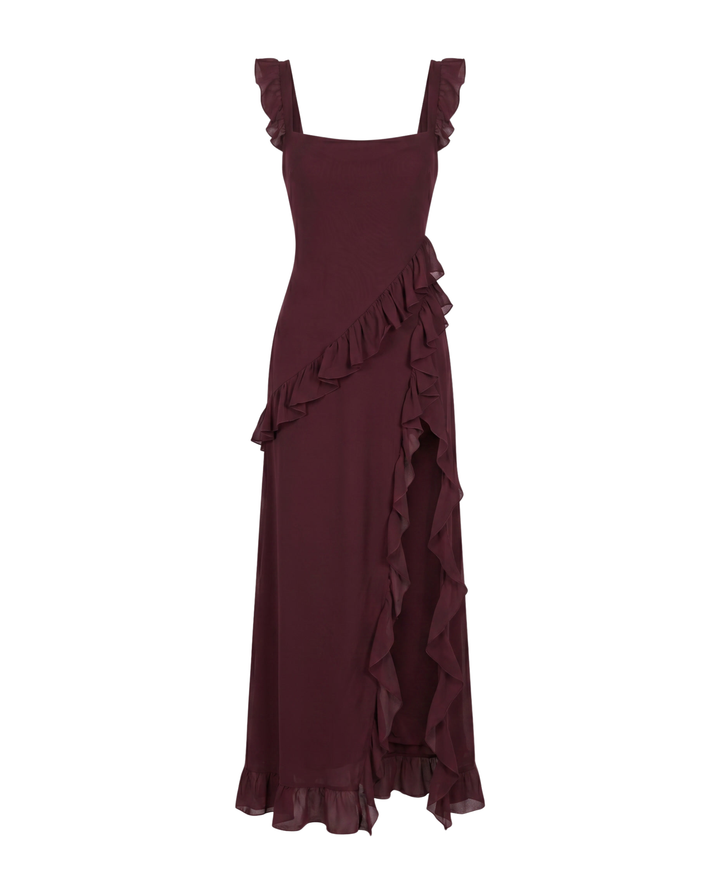 Vestido Maxi con Abertura y Volantes