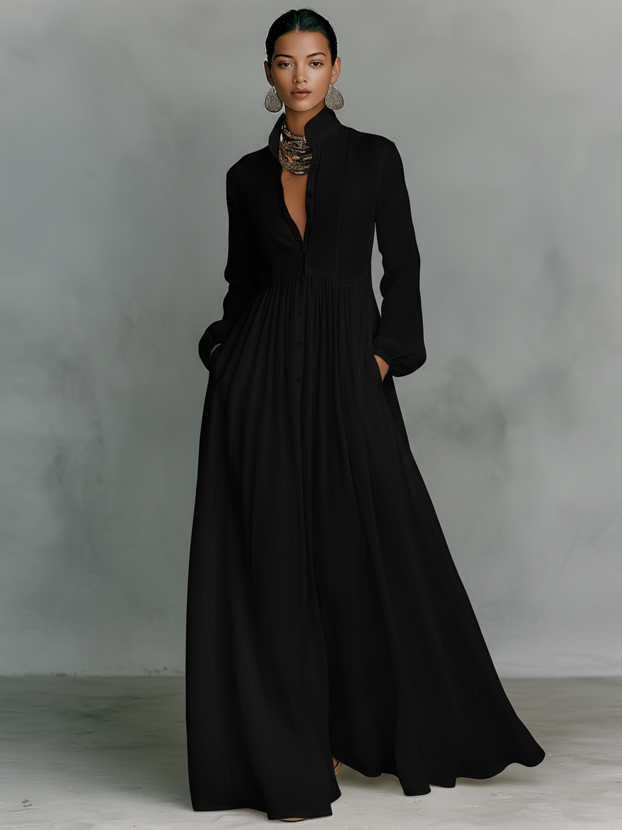 Vestido Maxi de Lino Patchwork con Cuello Alto