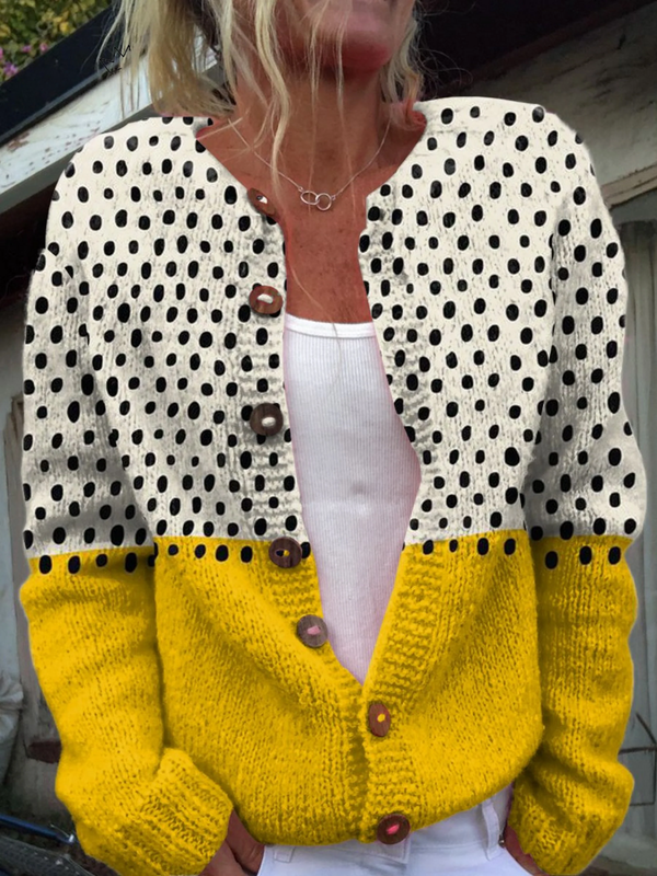 Cárdigan Botonado con Estampado de Lunares Amarillo