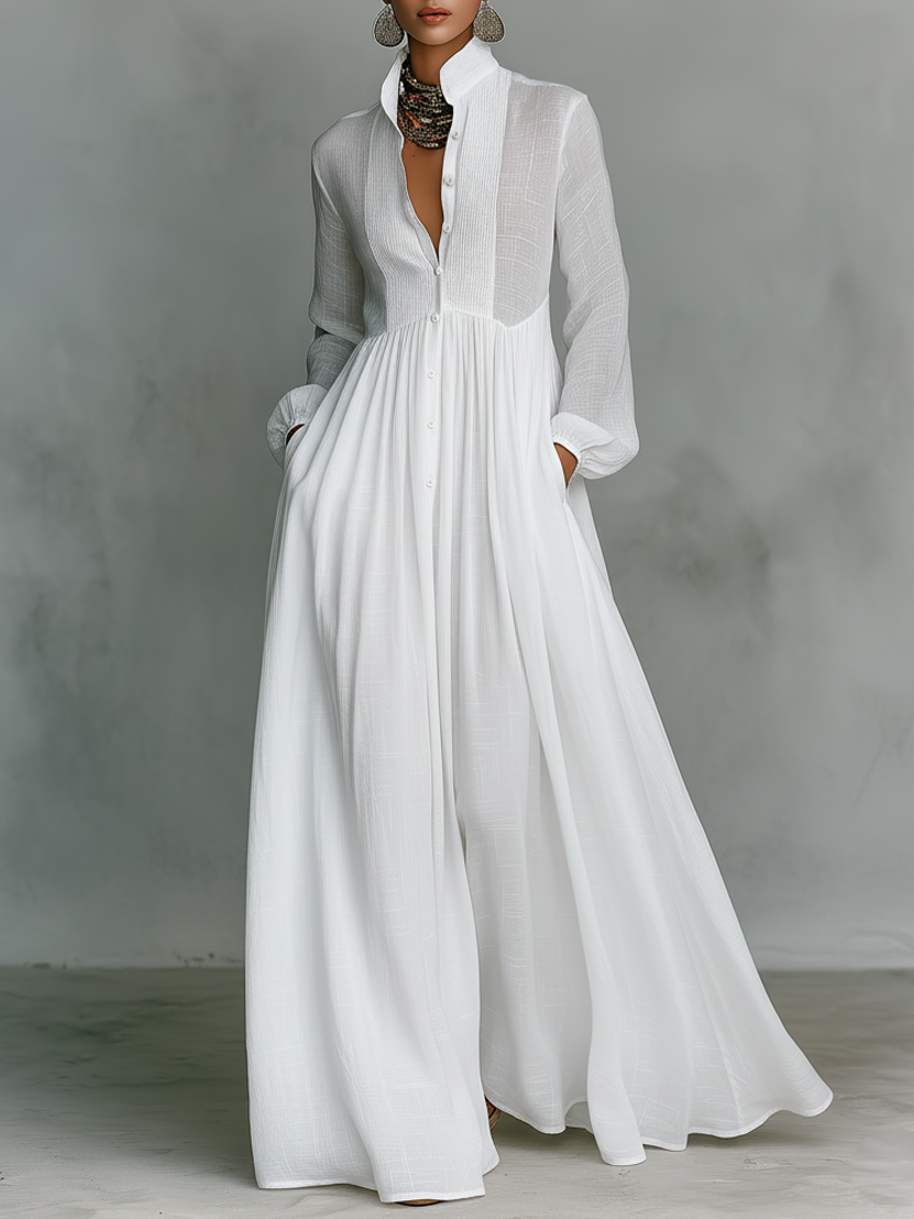 Vestido Maxi de Lino Patchwork con Cuello Alto