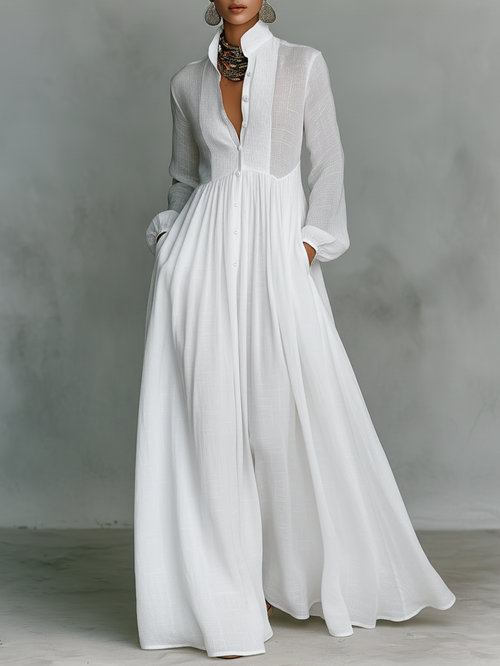 Vestido Maxi de Lino Patchwork con Cuello Alto