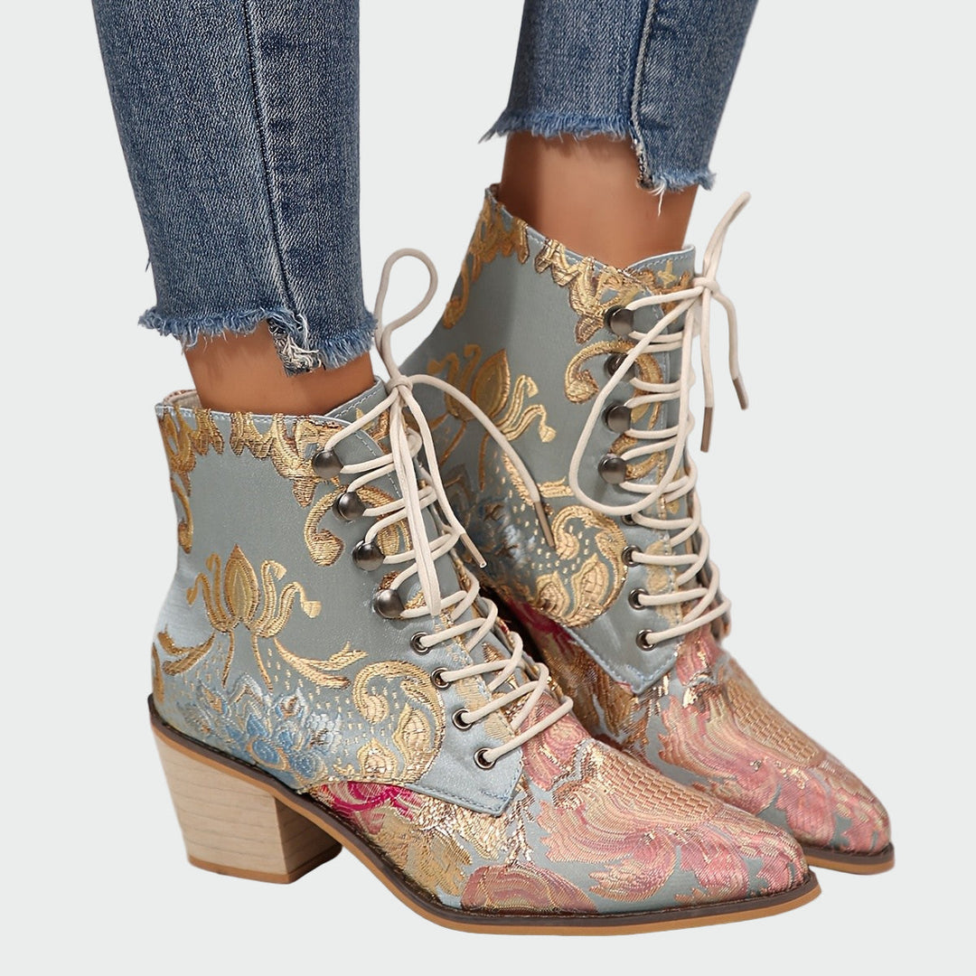 Sandra - Botines De Cuero Con Flores Elegantes Radiantes