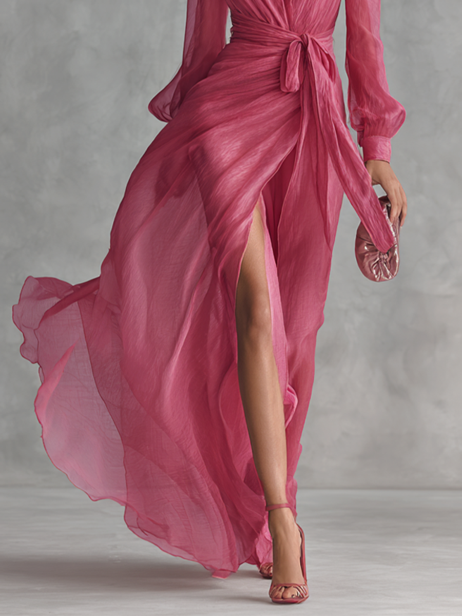 Vestido de Chiffon Rosa con Escote en V