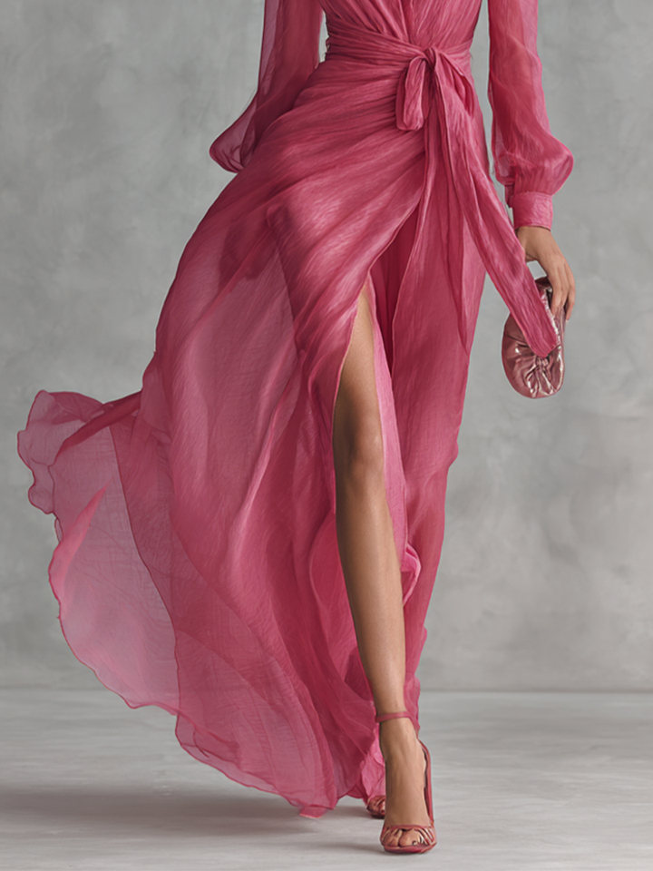 Vestido de Chiffon Rosa con Escote en V