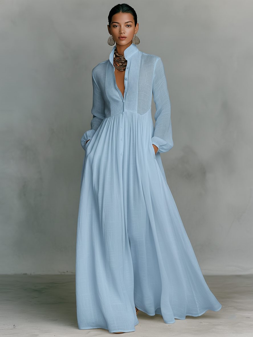 Vestido Maxi de Lino Patchwork con Cuello Alto