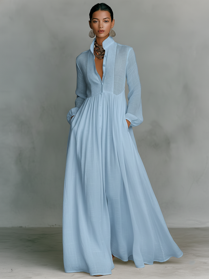 Vestido Maxi de Lino Patchwork con Cuello Alto