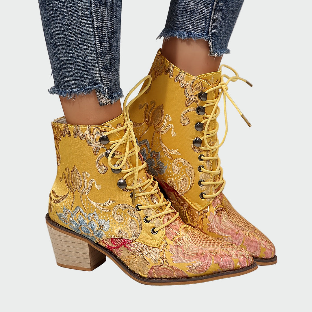 Sandra - Botines De Cuero Con Flores Elegantes Radiantes