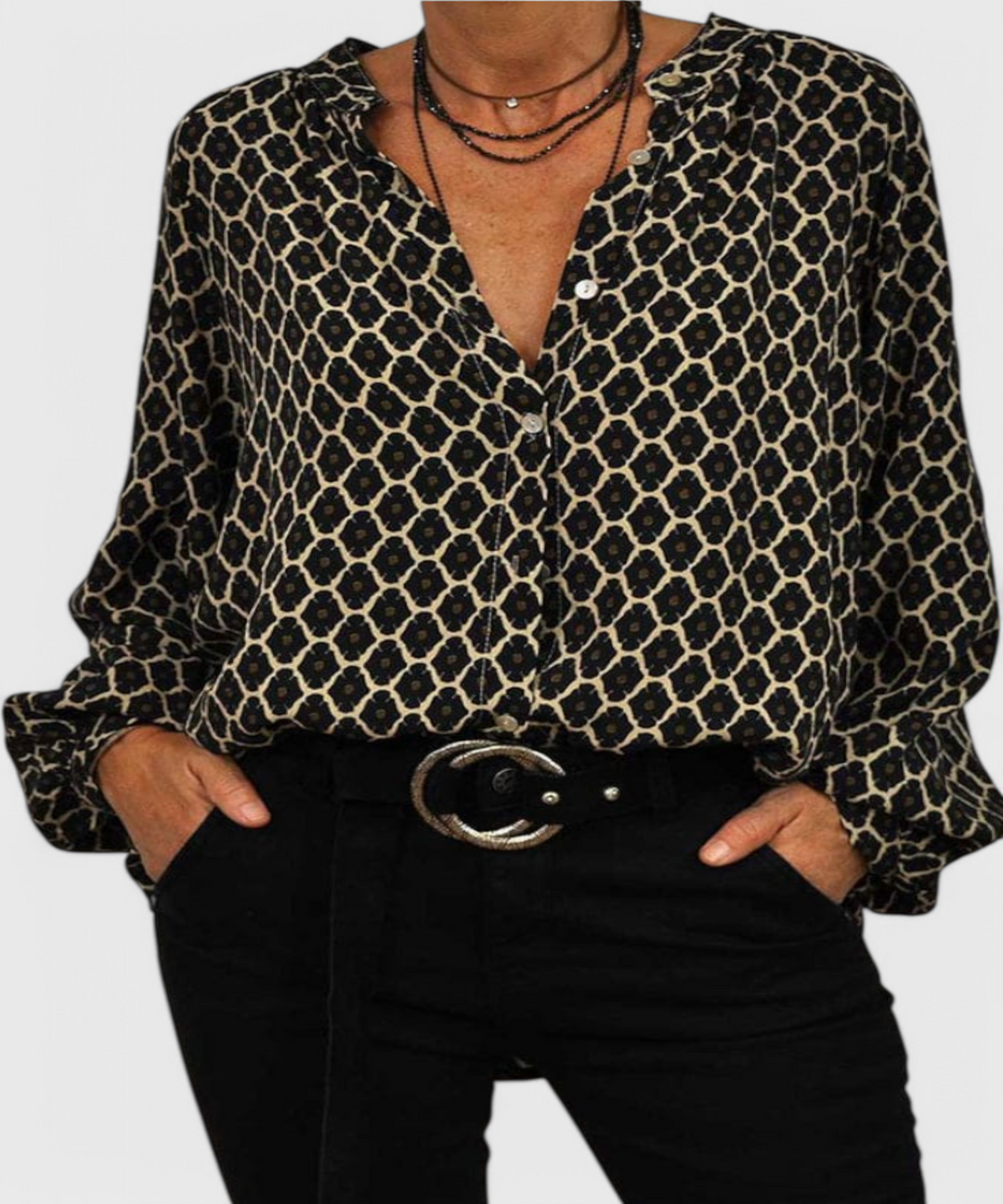 Jemima Blusa de Botones con Estampado Geométrico