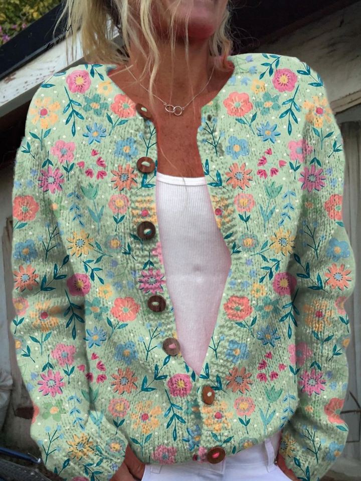 Cárdigan de Botones con Estampado de Flores