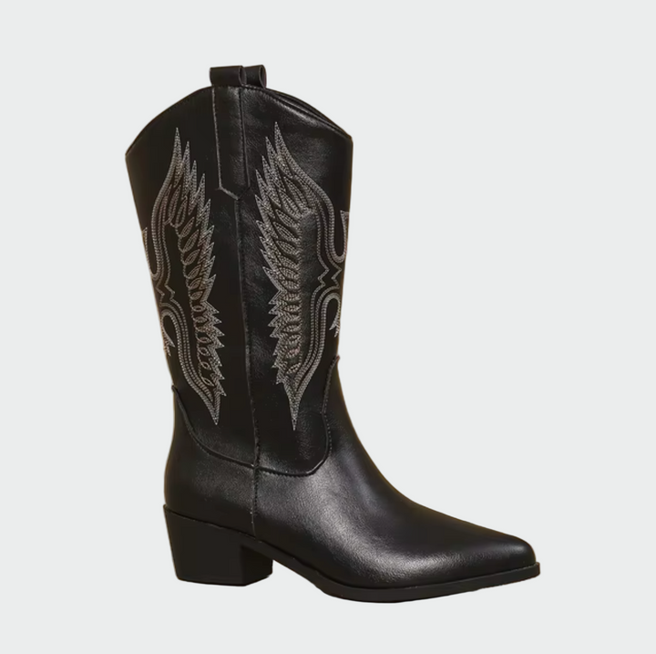 Isabella - Botas Vaqueras En Piel Negra Con Detalles Pluma