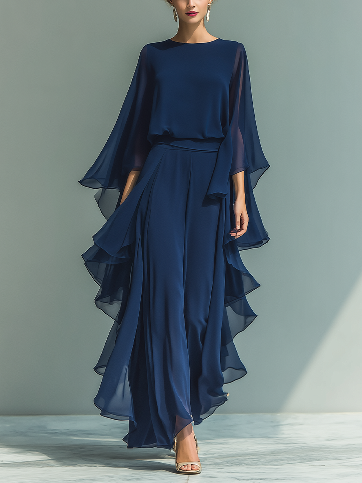 Conjunto de Chifón Azul Marino con Volantes