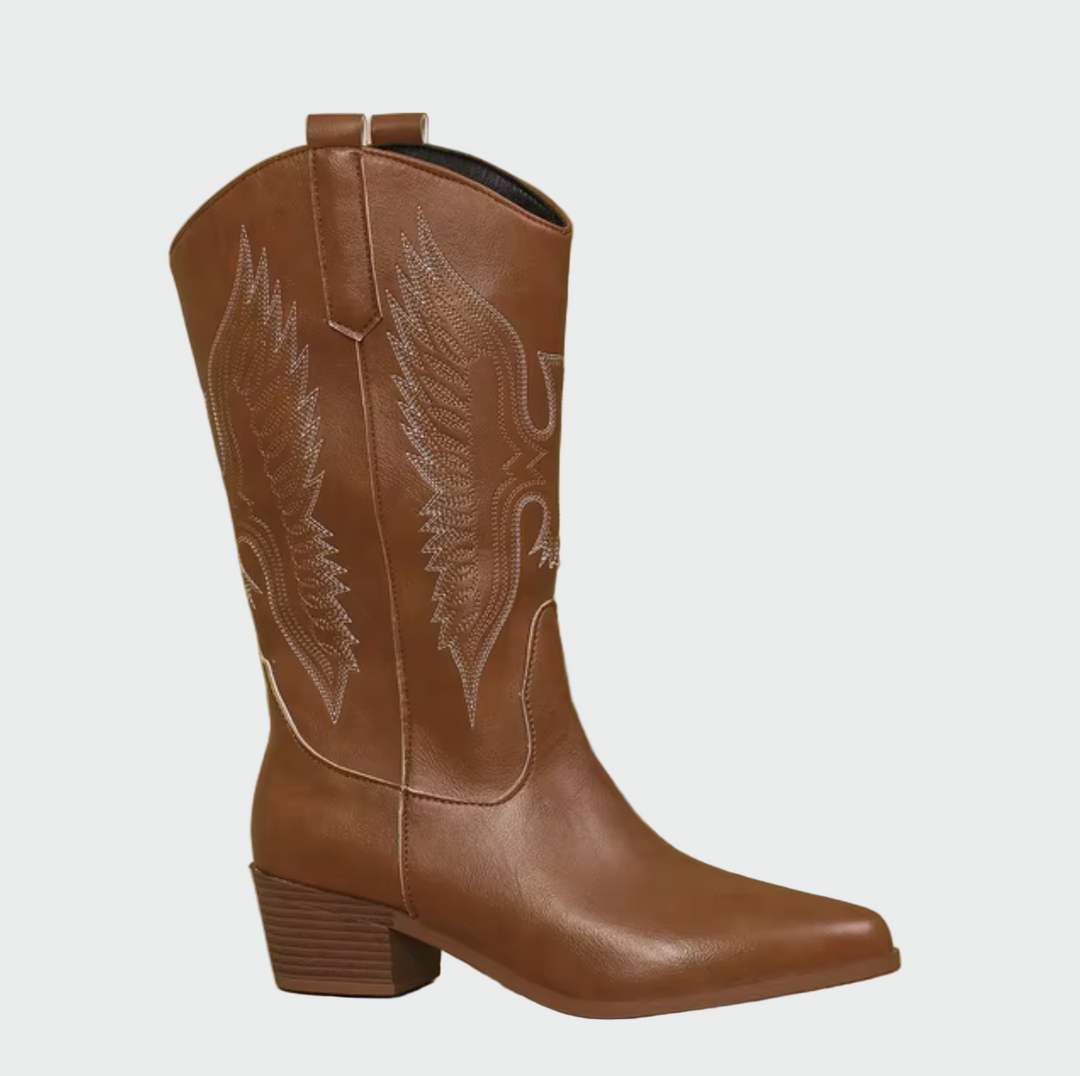 Isabella - Botas Vaqueras En Piel Negra Con Detalles Pluma