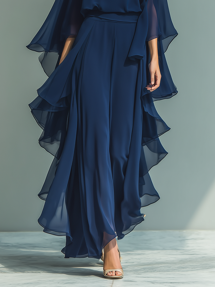Conjunto de Chifón Azul Marino con Volantes