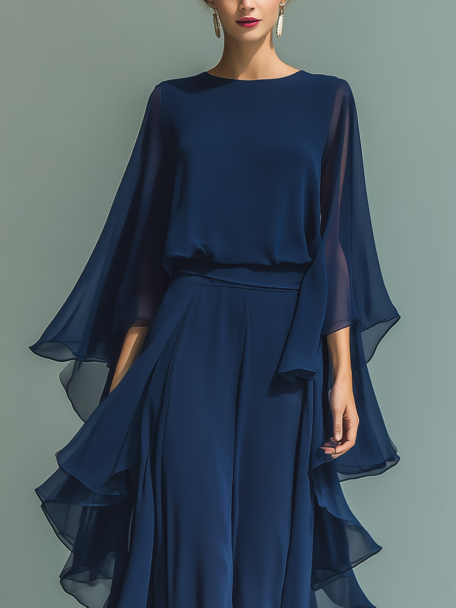 Conjunto de Chifón Azul Marino con Volantes