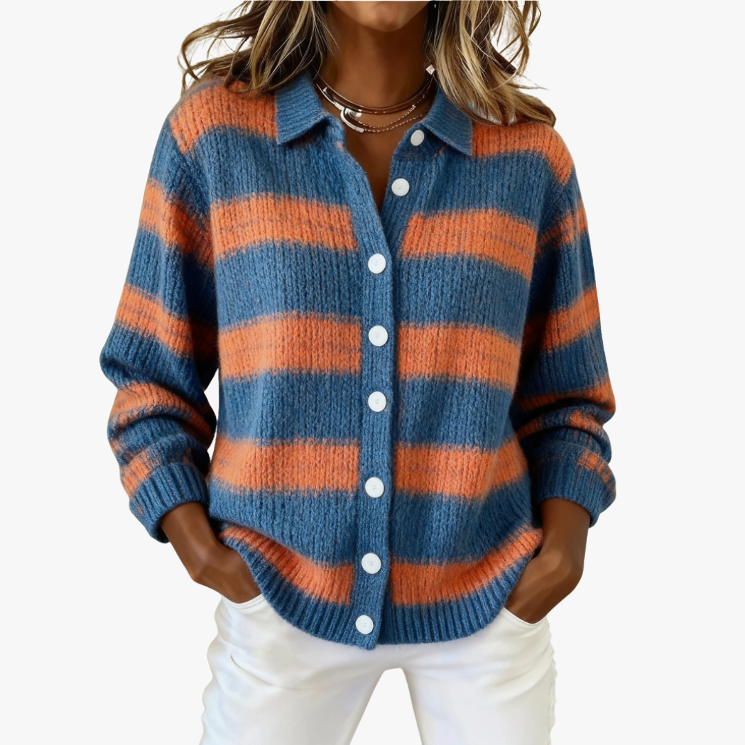 Marina – Cárdigan de punto a rayas en tonos azul y naranja