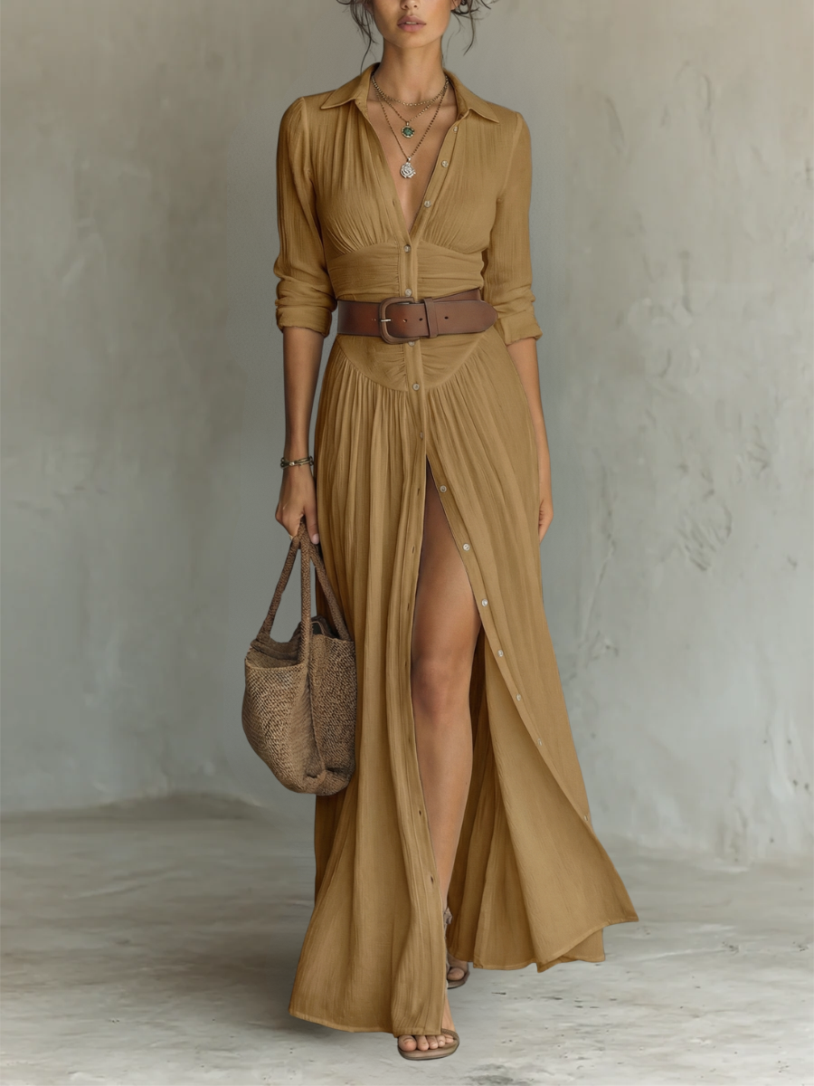 Vestido Maxí de Lino con Cuello de Solapa y Manga Larga