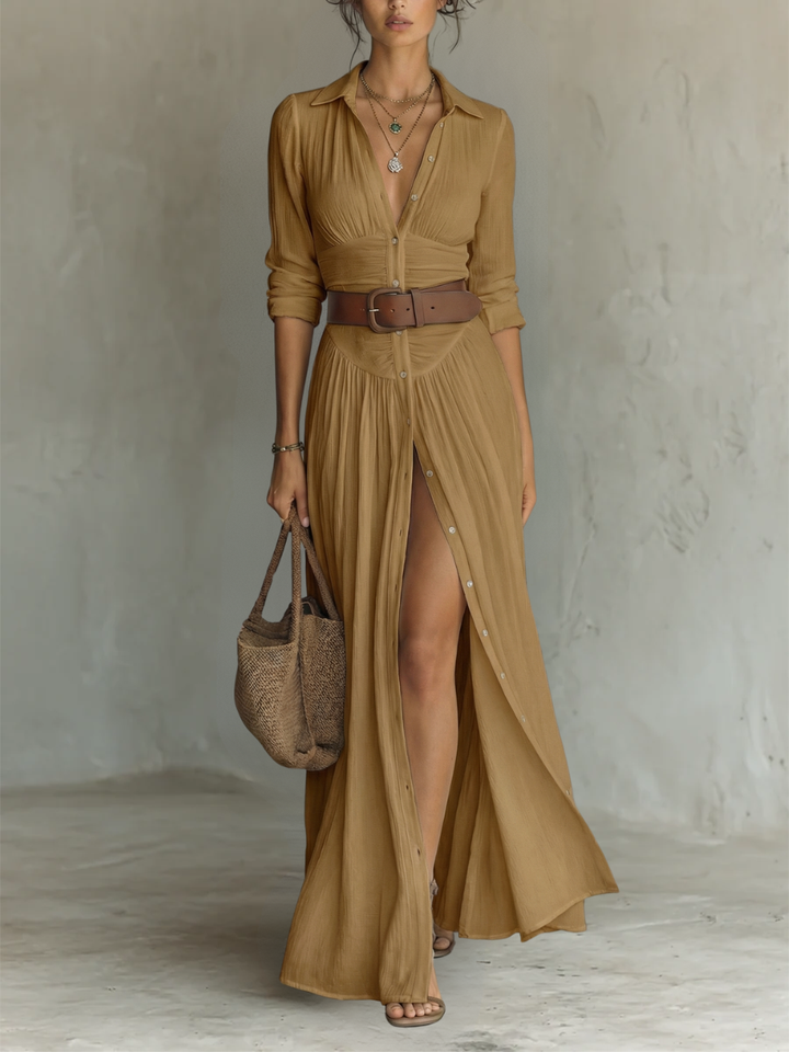 Vestido Maxí de Lino con Cuello de Solapa y Manga Larga