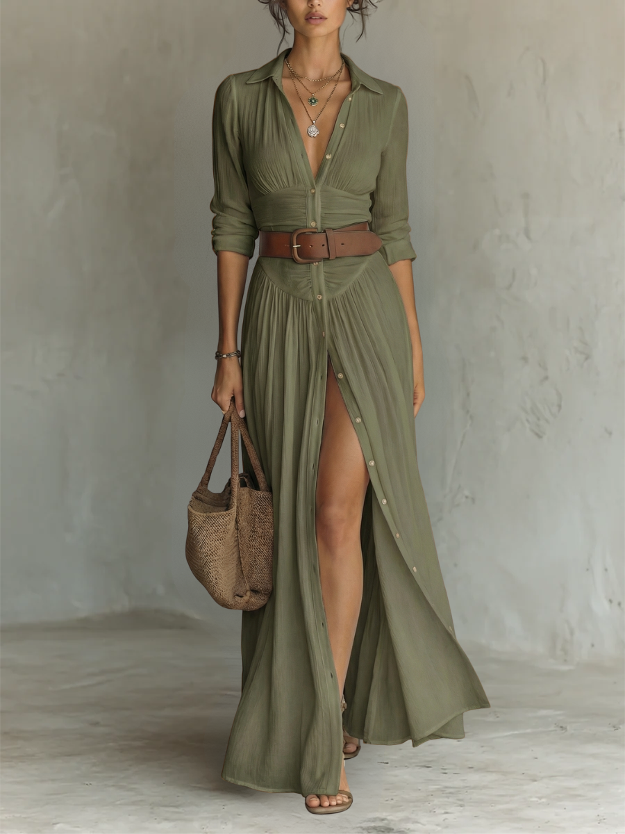 Vestido Maxí de Lino con Cuello de Solapa y Manga Larga