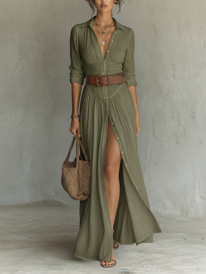 Vestido Maxí de Lino con Cuello de Solapa y Manga Larga