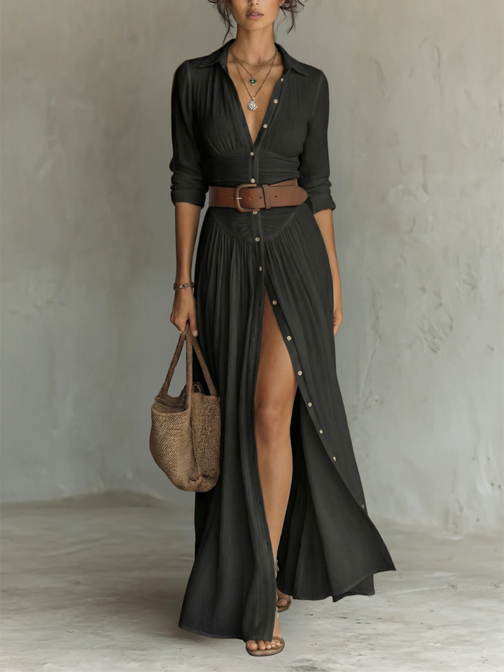 Vestido Maxí de Lino con Cuello de Solapa y Manga Larga