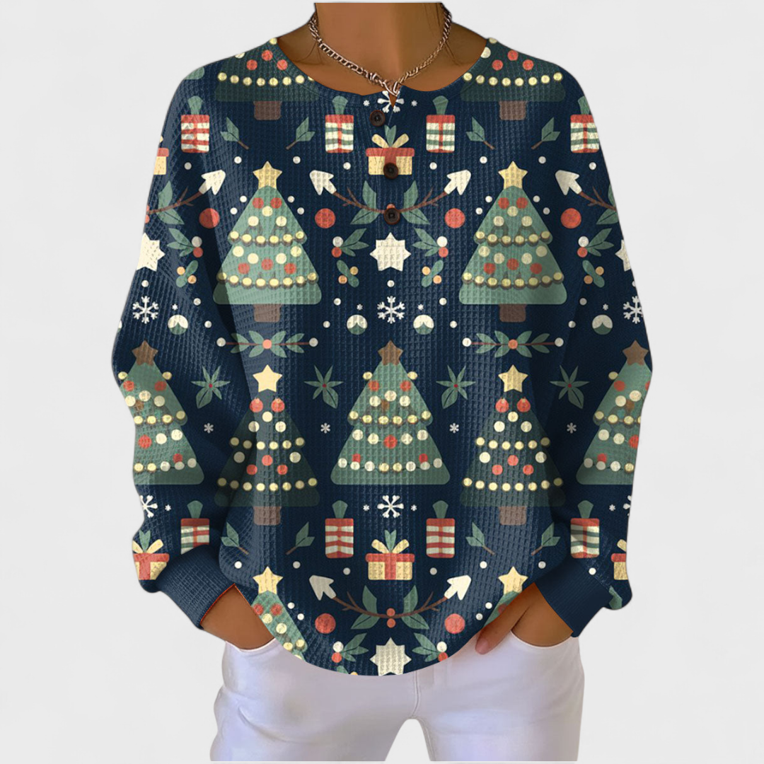 Fanny - Suéter azul oscuro con patrón de árbol de Navidad