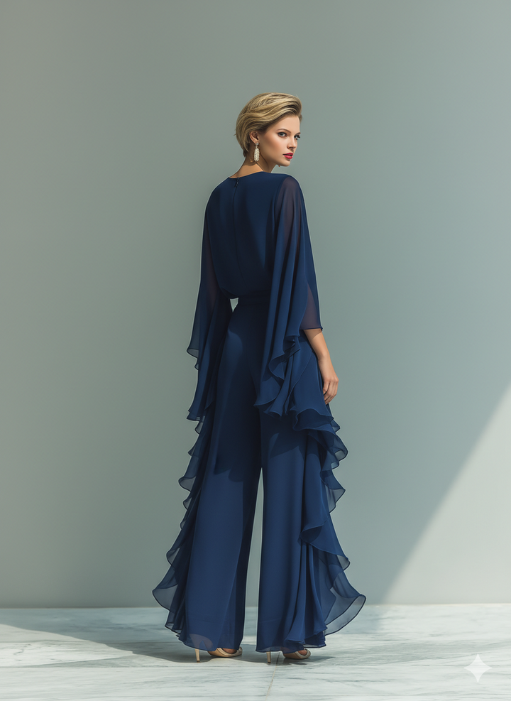 Conjunto de Chifón Azul Marino con Volantes