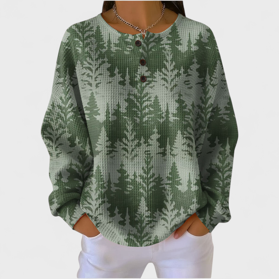 Inès - Suéter verde con patrón clásico de árbol de Navidad