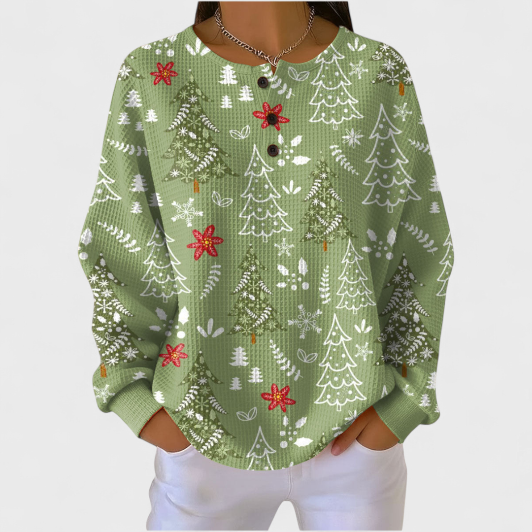 Ingrid - Suéter verde con patrón de árbol de Navidad