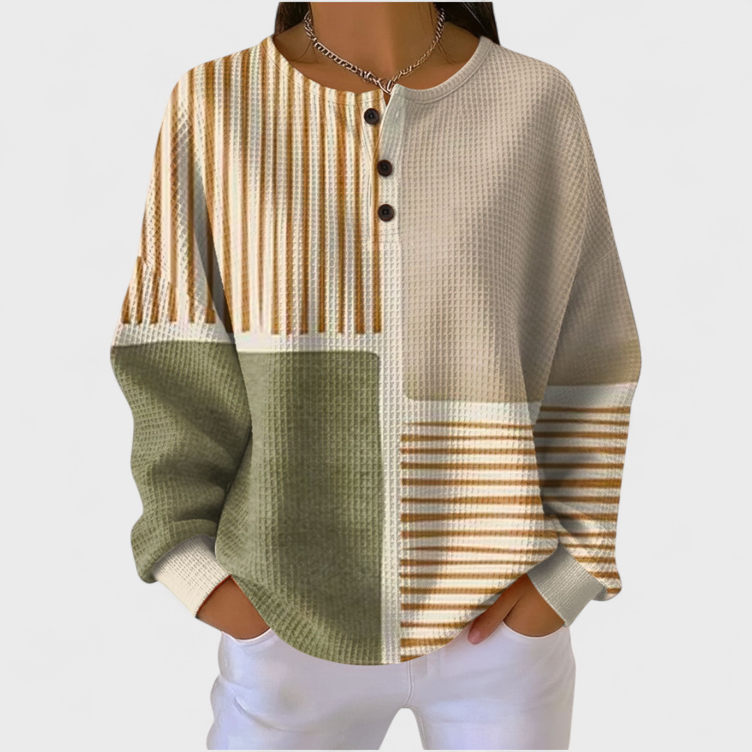 Luna - Suéter beige con patrón de rayas y patchwork