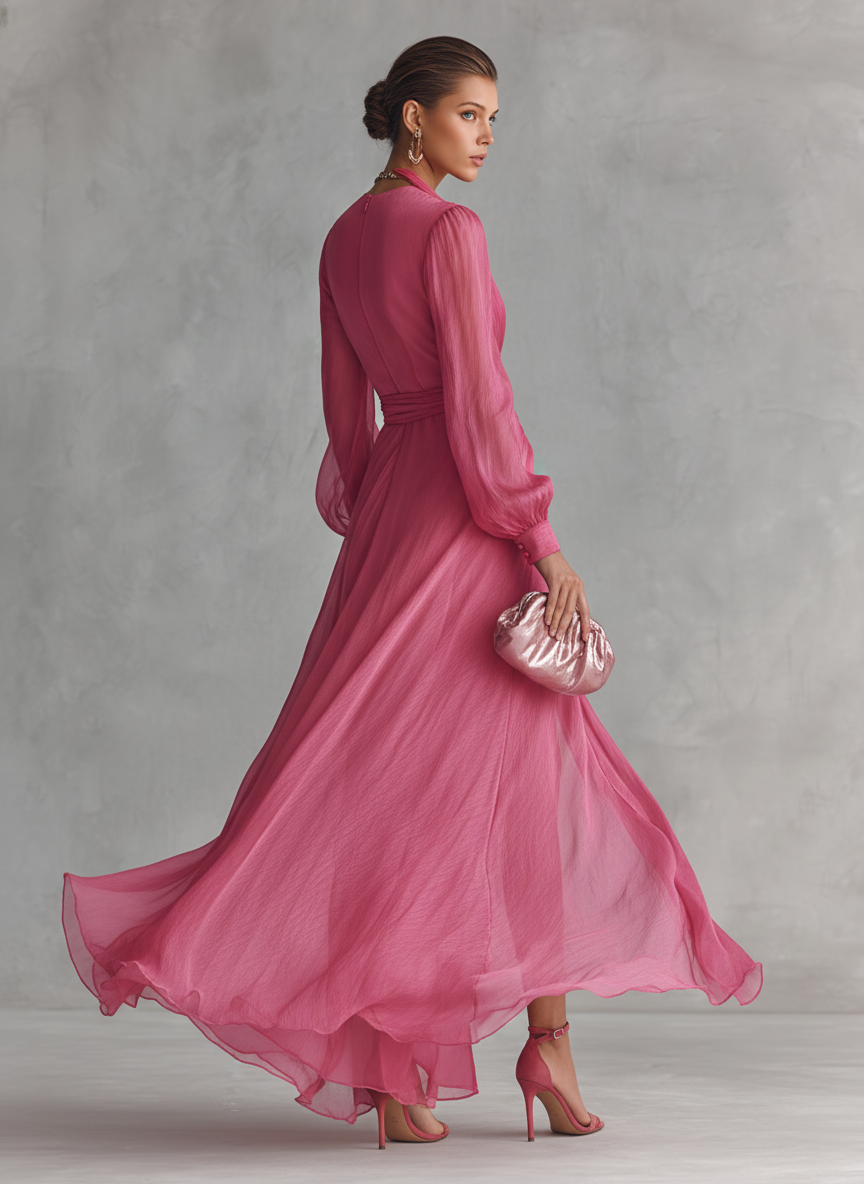 Vestido de Chiffon Rosa con Escote en V