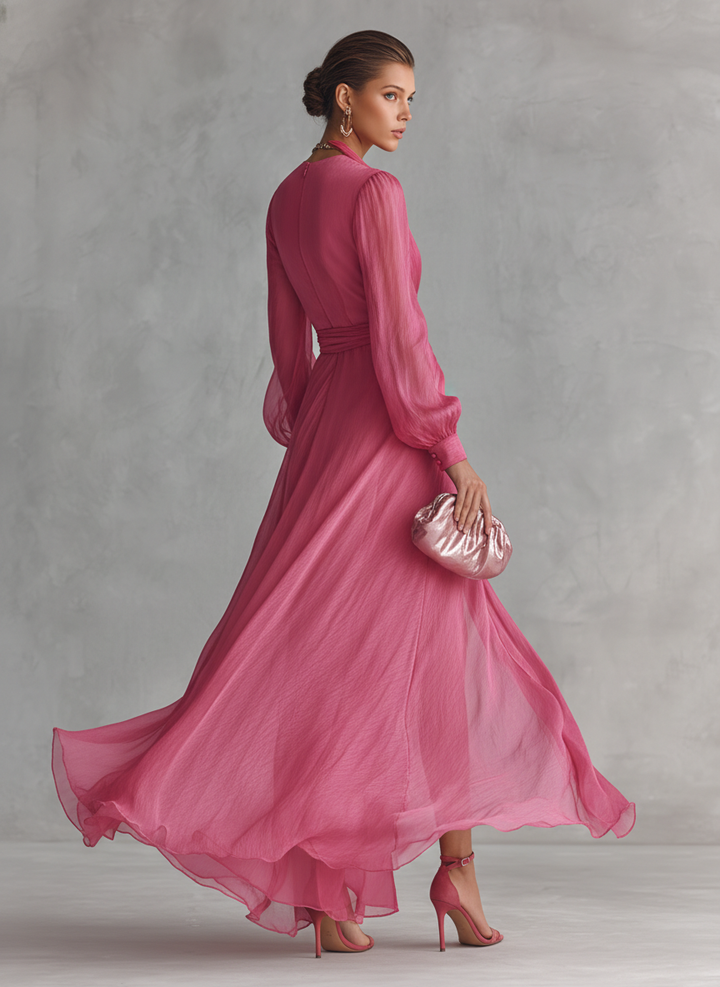 Vestido de Chiffon Rosa con Escote en V