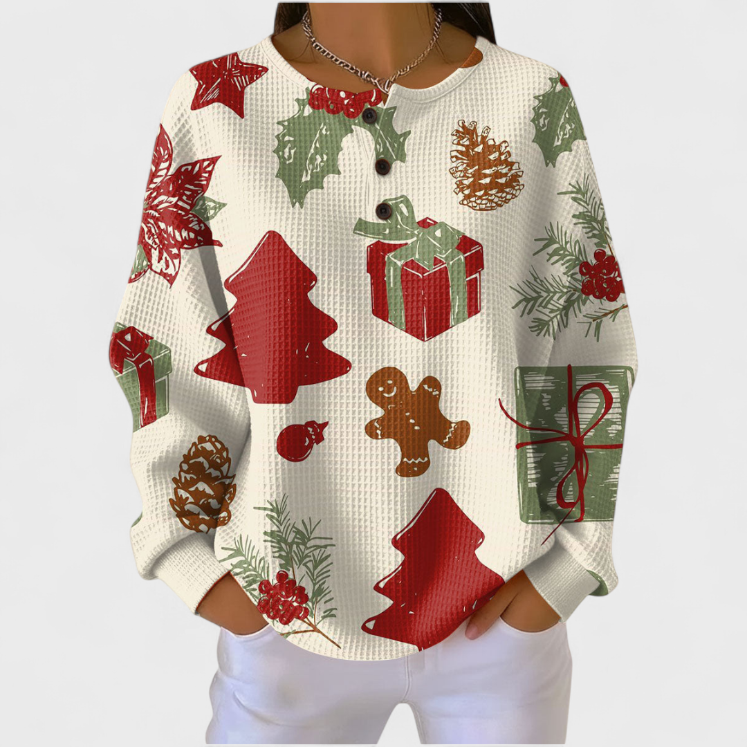 Olivia - Suéter color crema con motivos navideños