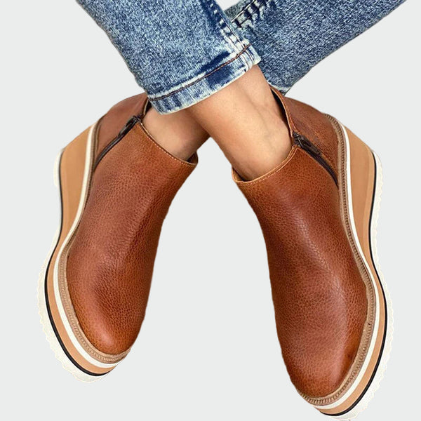 Celia - Elegantes Botines Camel De Cuero Con Plataforma