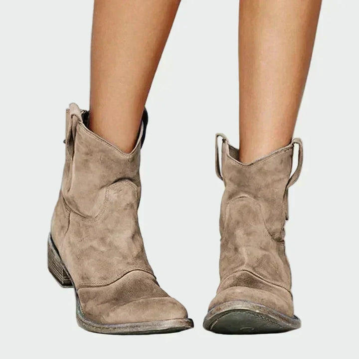 Marisol - Botas Vaqueras Retro de Tobillo en Gamuza Marrón
