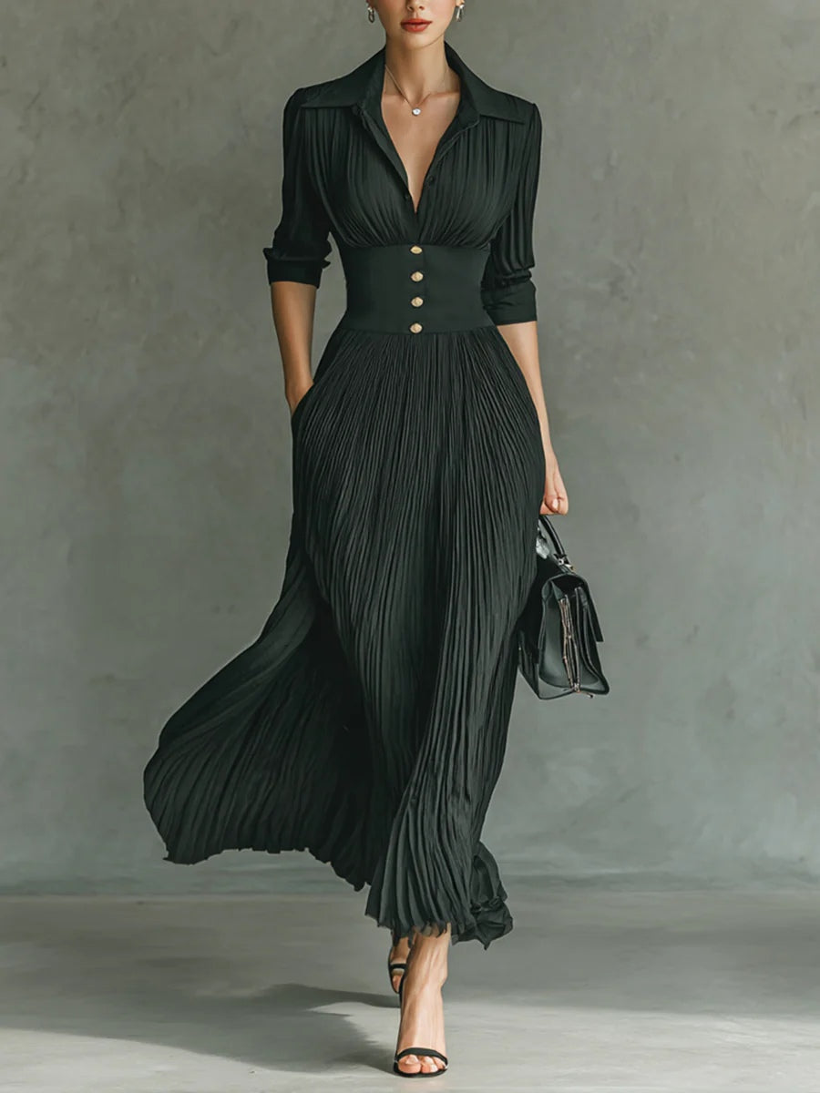 Elvira -  Vestido largo plisado con solapa y cintura alta