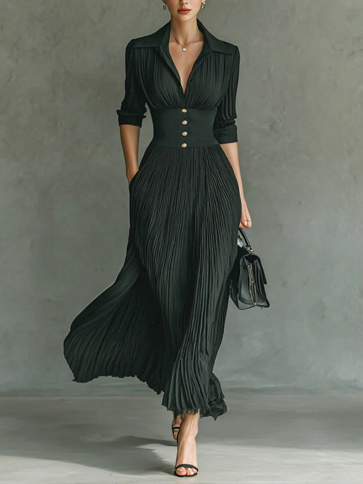 Elvira -  Vestido largo plisado con solapa y cintura alta