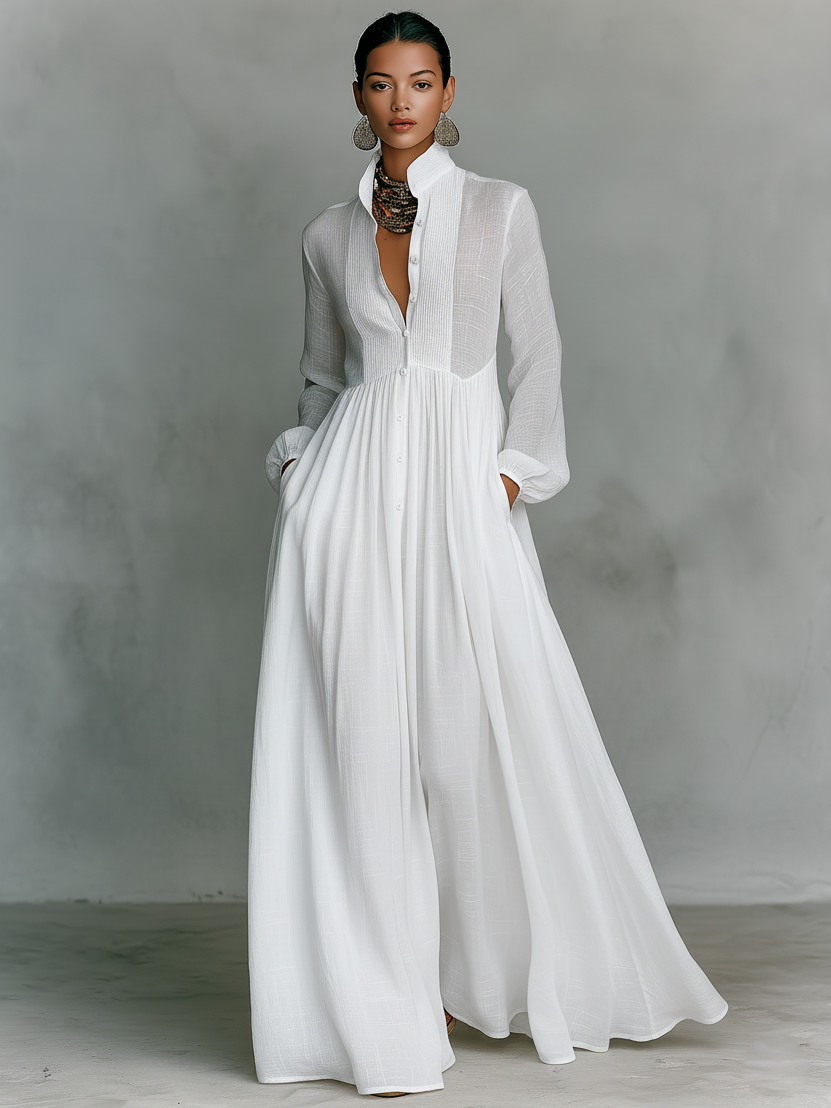 Vestido Maxi de Lino Patchwork con Cuello Alto