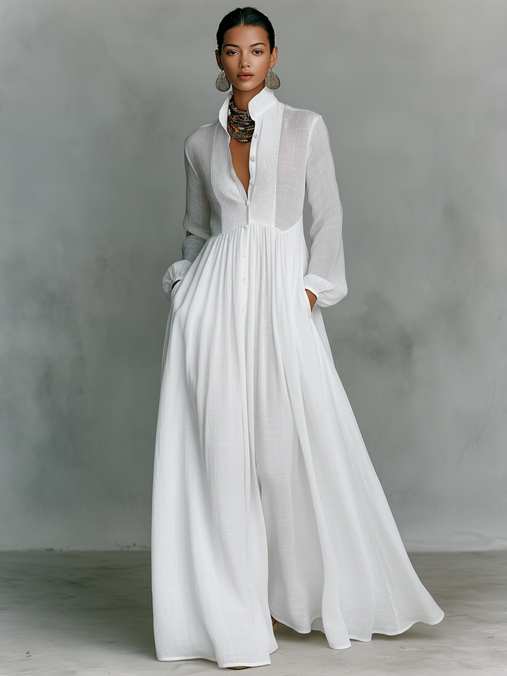 Vestido Maxi de Lino Patchwork con Cuello Alto