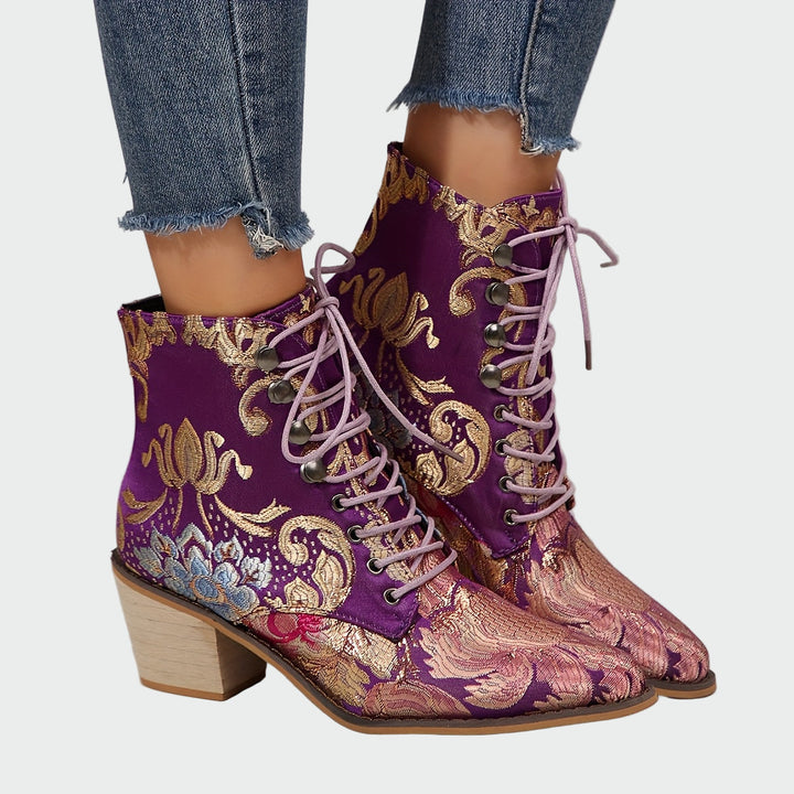 Sandra - Botines De Cuero Con Flores Elegantes Radiantes