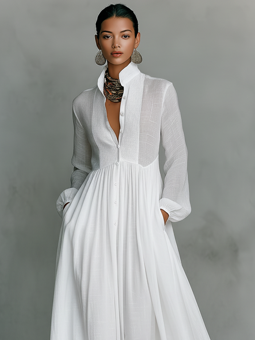 Vestido Maxi de Lino Patchwork con Cuello Alto