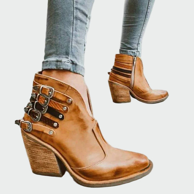 Julia - Botines de Cuero Retro para Mujer en Negro