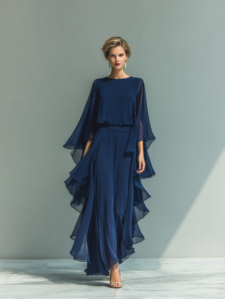 Conjunto de Chifón Azul Marino con Volantes