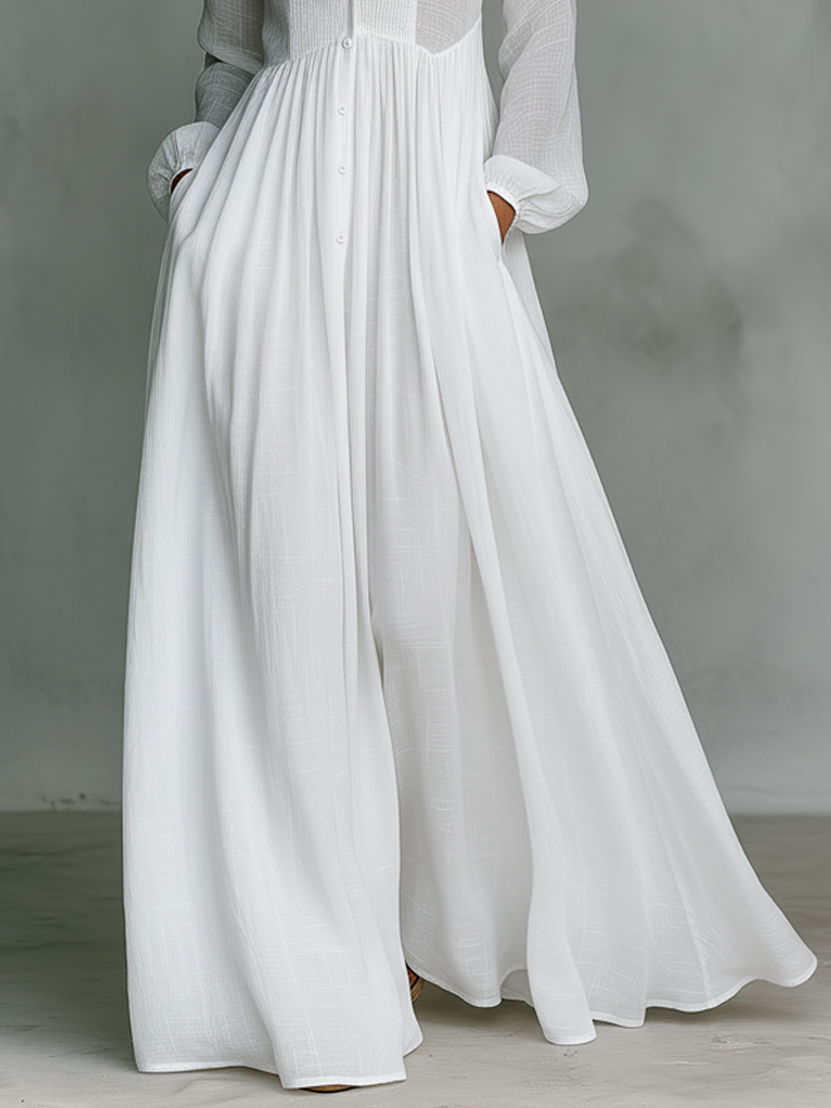 Vestido Maxi de Lino Patchwork con Cuello Alto