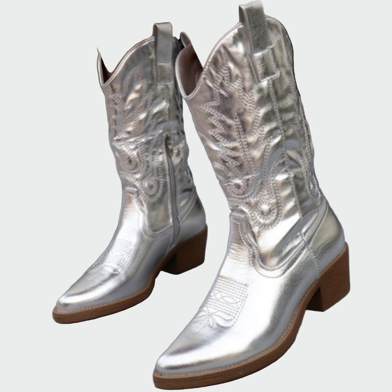 Estrella - Botines De Cowboy Metálicos En Rosa Con Bordado
